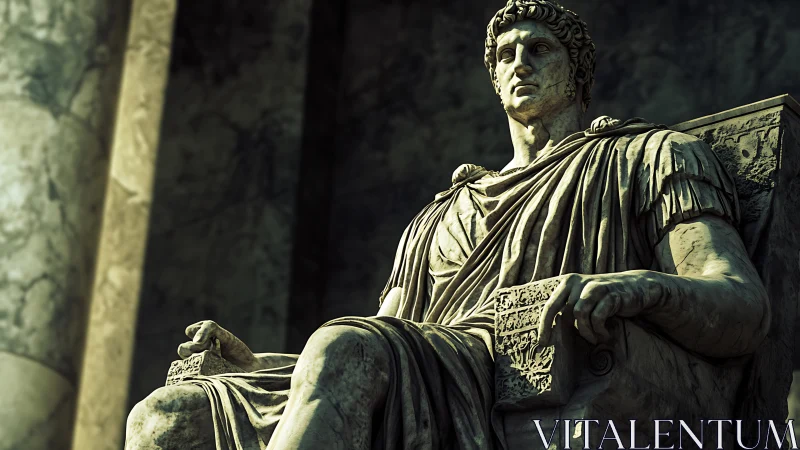 Monumental marble ruler statue in dramatic low-angle light.