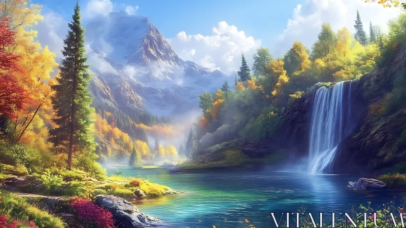 Mountain lake with waterfall and mixed autumn forest scene.