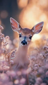 Young deer stands in soft-focus meadow under backlit sunset