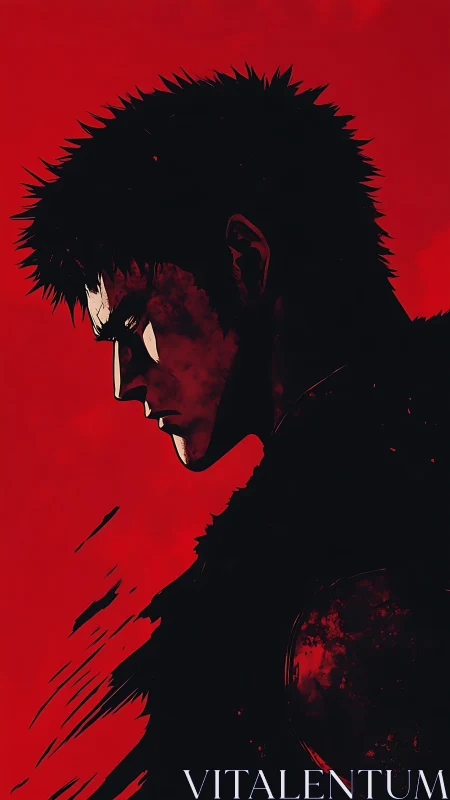 Brooding warrior silhouette in stark red minimal profile.