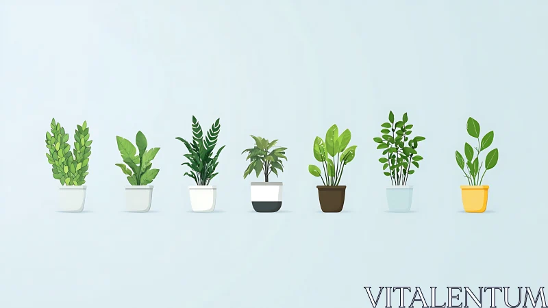 Minimalist potted houseplants line up on soft blue background.