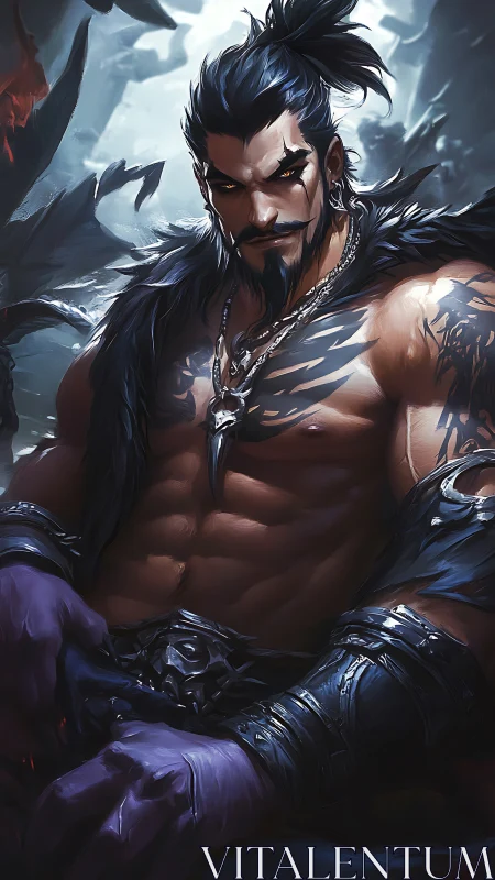 Muscular fantasy warrior in fur and armor sitting calmly.