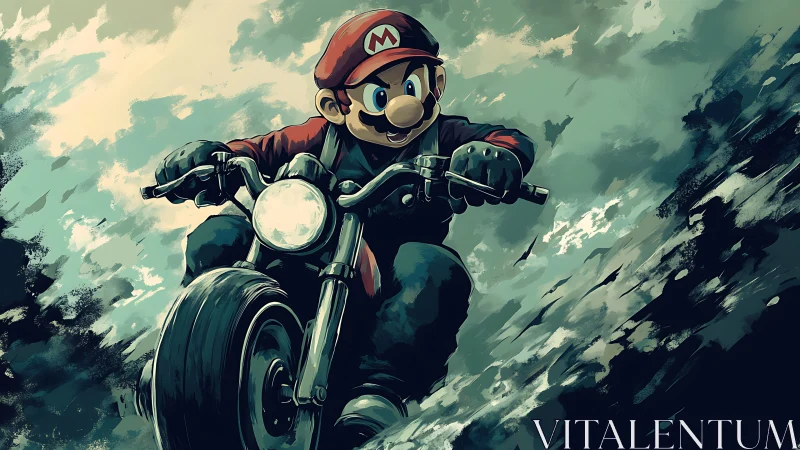 Cartoon biker character powers through dynamic storm terrain.