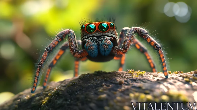 Jewel-eyed jumping spider poses like a tiny forest superstar