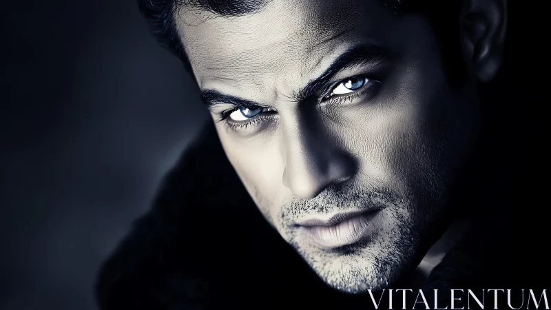 Intense male portrait with piercing blue eyes in shadowed closeup.