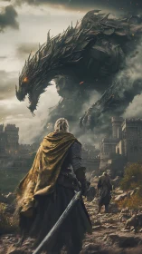 Lone warrior confronts colossal dragon above stormlit fortress
