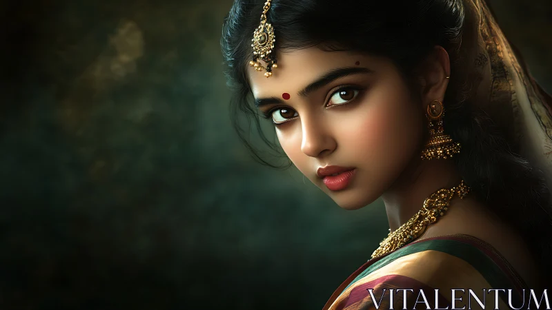 Portrait shows young woman in traditional Indian jewelry