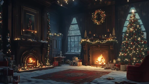 Cozy Christmas fireside room glowing with warm holiday light.