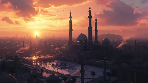 Golden hour over tranquil domes and towering minarets.