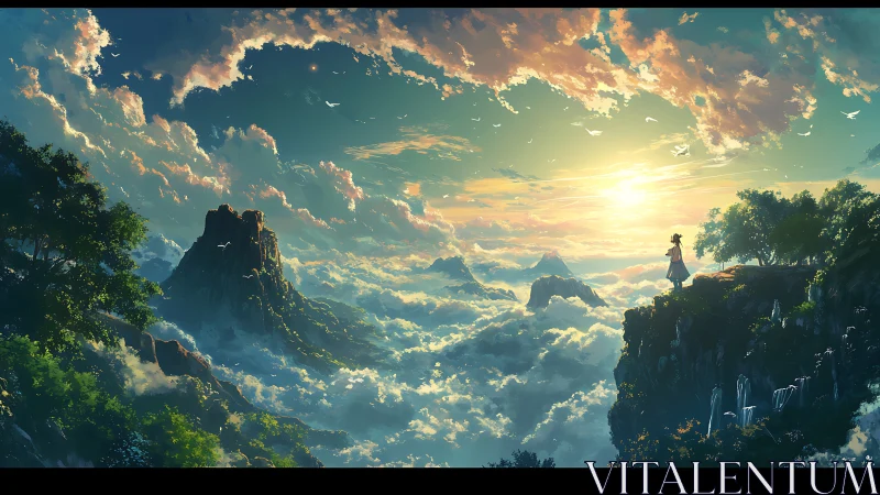 Atmospheric cloud‑sea vista with solitary cliffside observer.