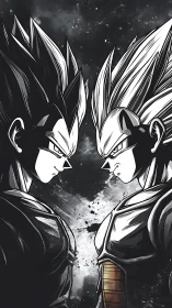 Bilateral mirrored warriors confront in high‑contrast inked profile