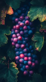 Cluster of ripening grapes within dense surrounding foliage.