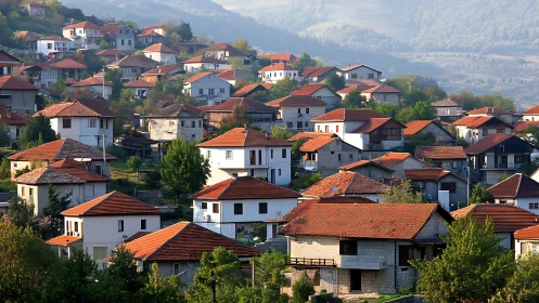 Terraced hillside settlement with red-tile roofing matrix.