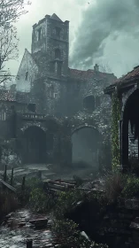 Rain-soaked ruins breathe misty legends into cold air