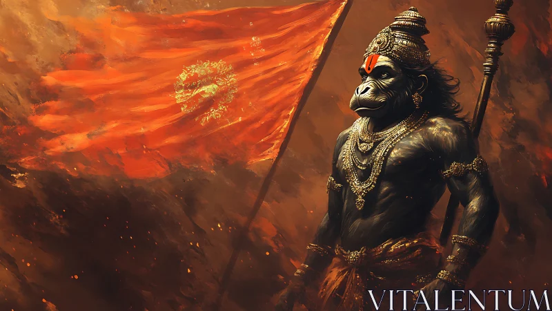 Mythic warrior ape guards blazing saffron battle banner.