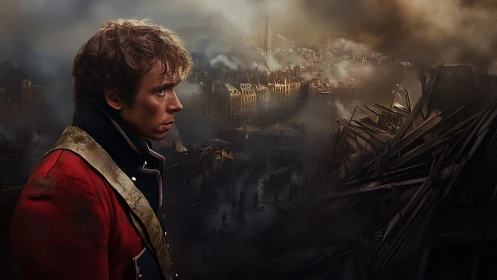 Thoughtful soldier watches a ruined city fade into smoky dusk