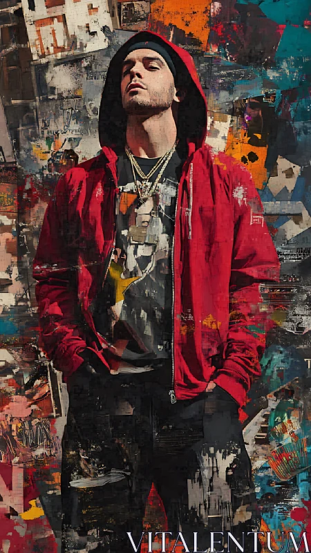 Urban streetwear portrait against layered graffiti collage backdrop