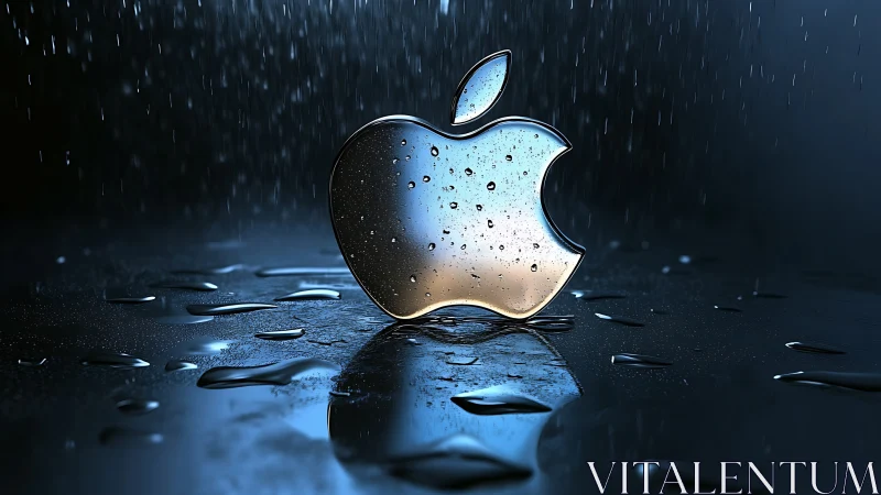Rain-kissed chrome apple logo shimmering in stormlight.