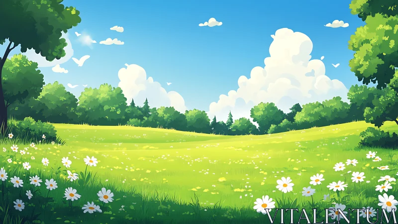 Illustrated green meadow with trees, flowers and clouds.