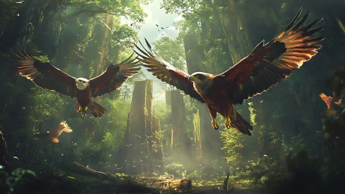 Majestic Eagles Soaring Over Lush Forest in Digital Art Style.
