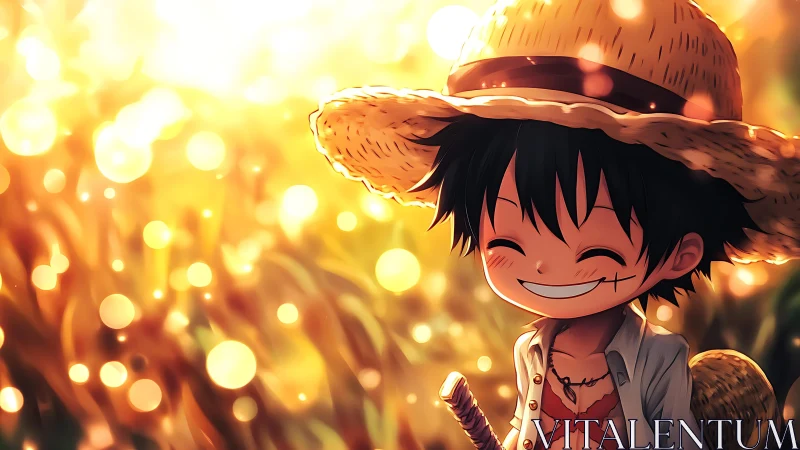 Smiling child in straw hat stands in bright backlit field