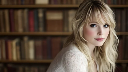 Gentle reader pauses among warmly lit library shelves