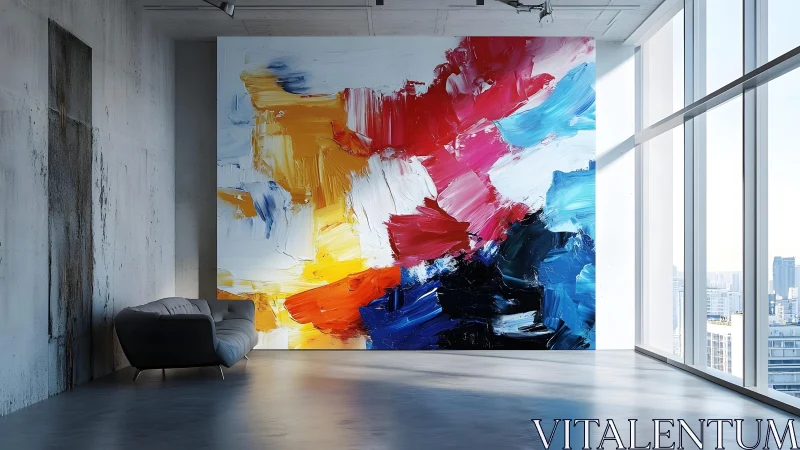 Large Abstract Mural in Modern Loft with City View and Minimal Decor.