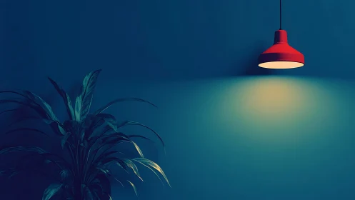 Red pendant lamp casts light on teal wall beside plant