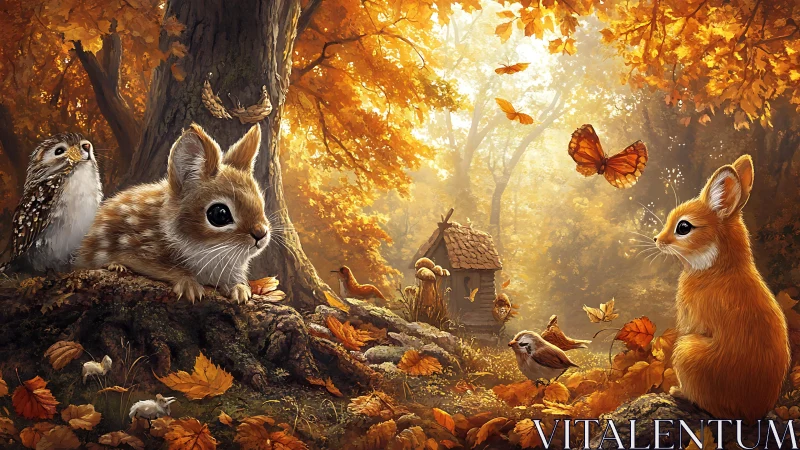 Woodland animals gathered in warm autumn forest light.