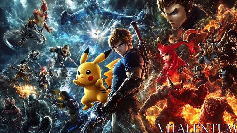 Crossover battle scene with central fighters and mascot figure.