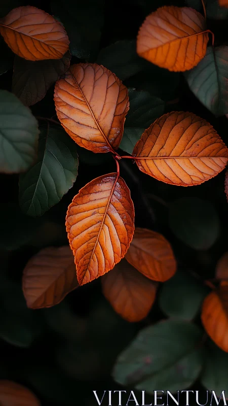Autumn brown leaves against dark green blurred foliage.