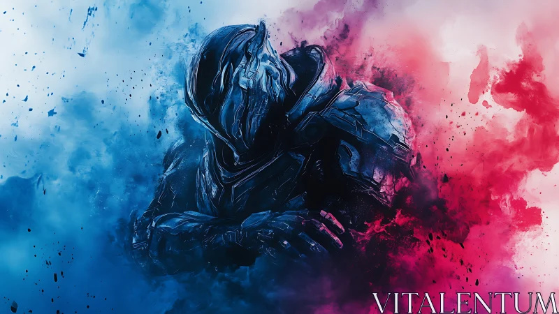 Cybernetic warrior in bifurcated blue and magenta nebula field.