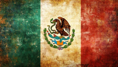 Weathered Mexican flag with central national coat of arms.