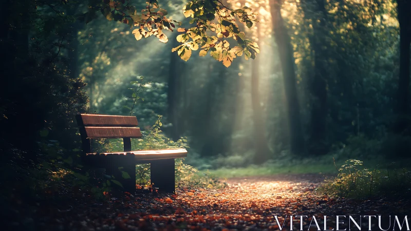 Wooden Bench in Sunlit Forest Path with Golden Leaves
