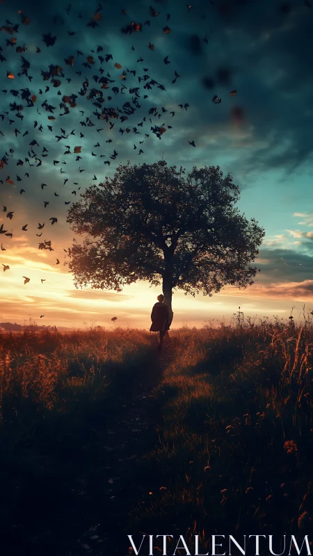 Twilight wanderer beneath a storm of leaves and fading sky.