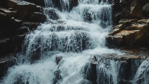 Tiered mountain waterfall cascading over rugged rocks.