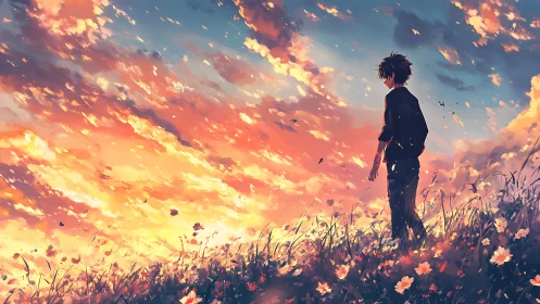 Solitary youth on wildflower hill under blazing sunset sky.