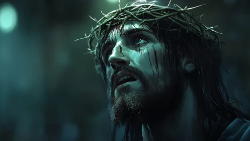 Crowned male portrait under rim light with bloodied facial lacerations