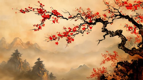 Cherry blossoms sweep across misty Asian mountain landscape.