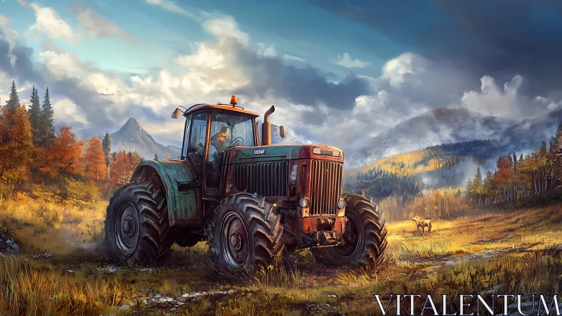 Aged tractor in autumn mountain meadow landscape scene.