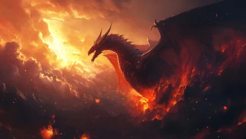 Volcanic dragon silhouette intersects incandescent storm cloud field