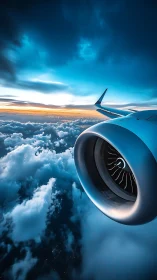 Jet engine over glowing clouds at blue hour flight level.