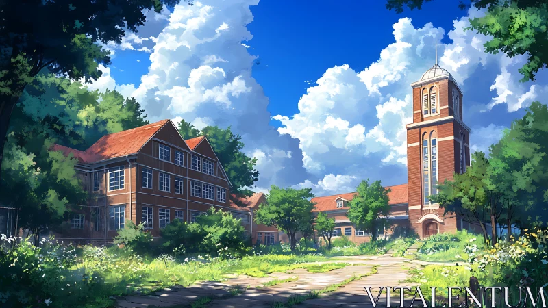Sunlit brick schoolyard rests beneath towering summer clouds.