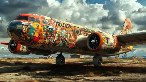 Graffiti‑covered propeller airliner stands on desert runway