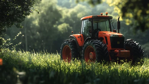 Sunlit orange tractor resting quietly in a lush green field.