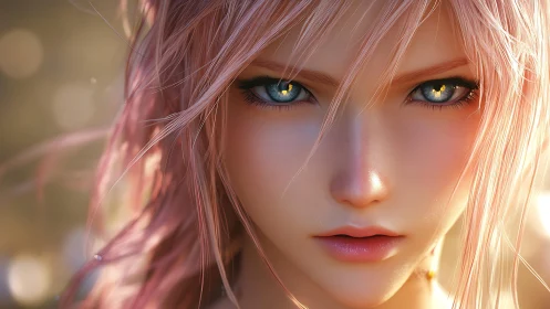 Golden-eyed heroine in soft sunlight and rose-tinted hair.