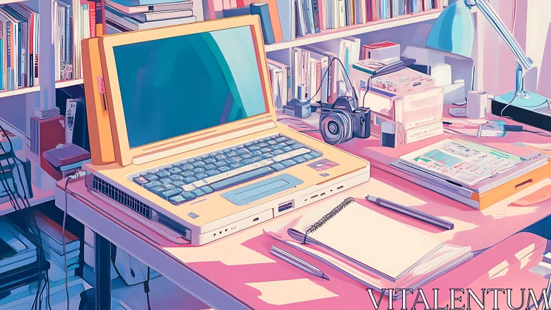 Retro laptop anchors pastel-toned creative studio desk scene.