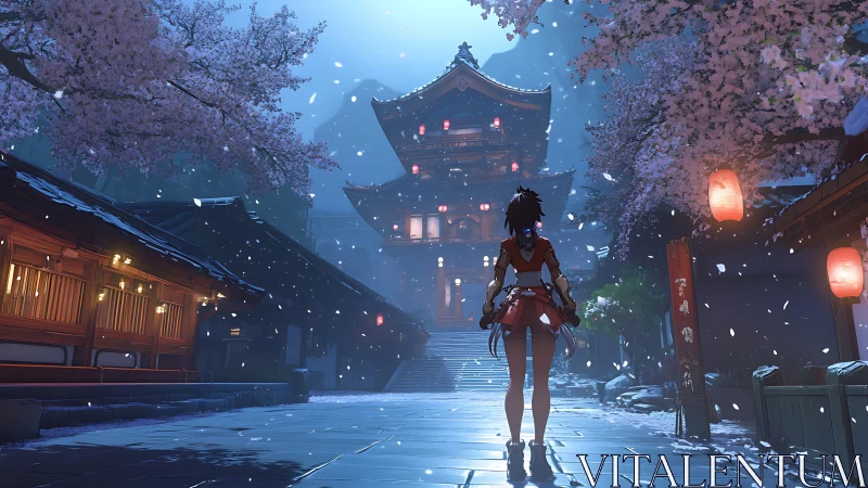 Backlit shrine courtyard frames lone anime warrior under snowfall
