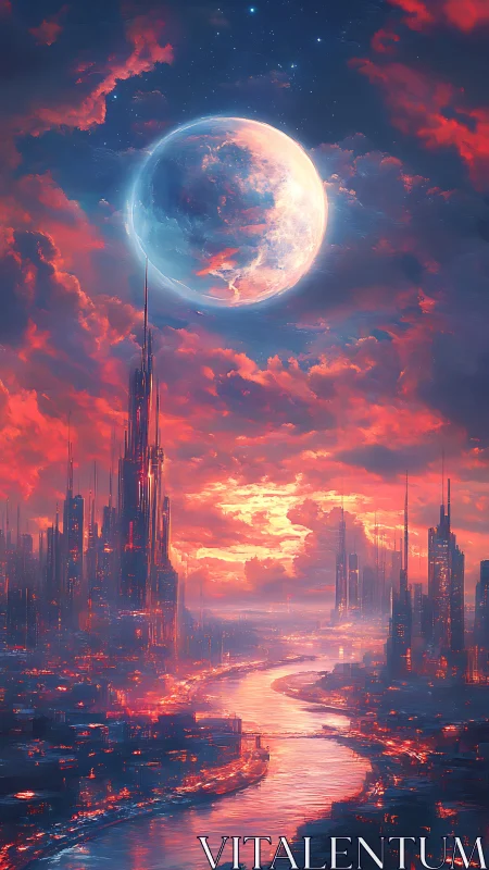 Luminous exoplanet over thermal-lit river megacity at chromatic dusk