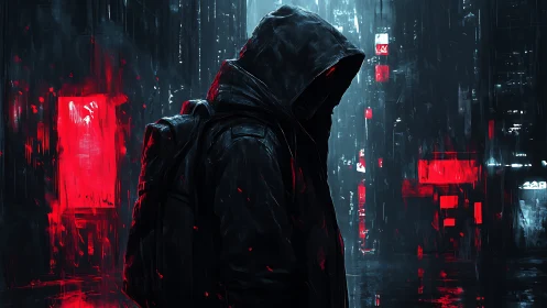 Hooded figure in neon red cyberpunk city at night.